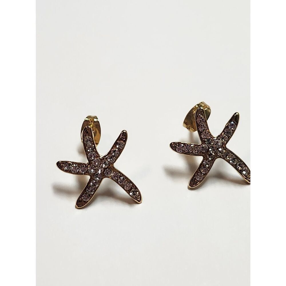 Gold Starfish Stud Earrings with Clear Rhinestones